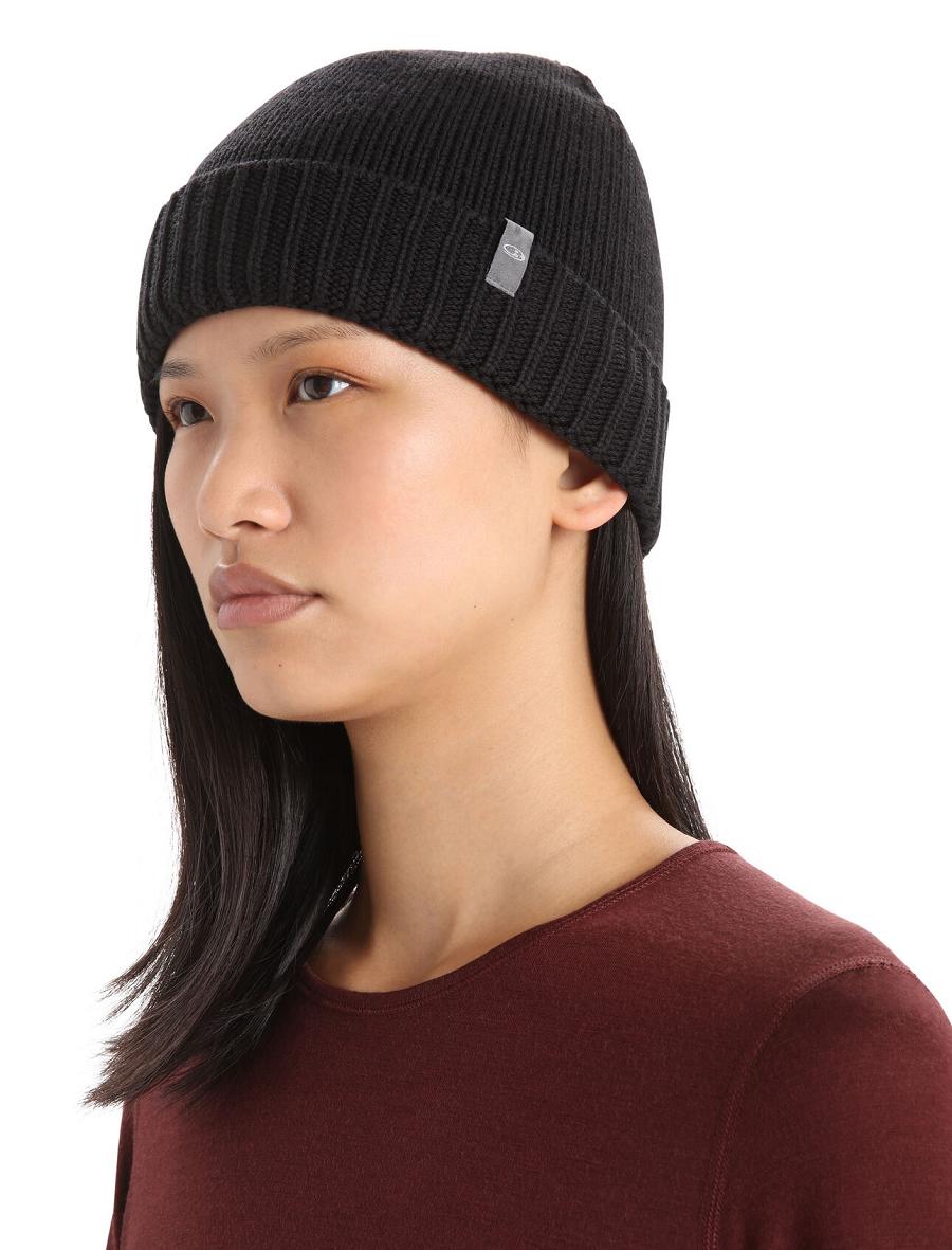 Black Icebreaker Unisex Merino Vela Cuff Beanie Women's Hats | AU 1475VRWD